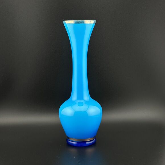 Art Glass Bud Vase Azure Blue with White Interior Gilt Gold Trim 8" Tall - Picture 1 of 11